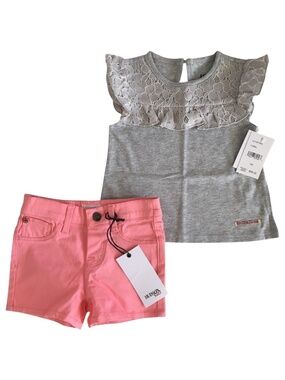 Hudson Baby Girls Outfit 2-Piece Lace Top & Shorts Set Gray Pink Size 12M